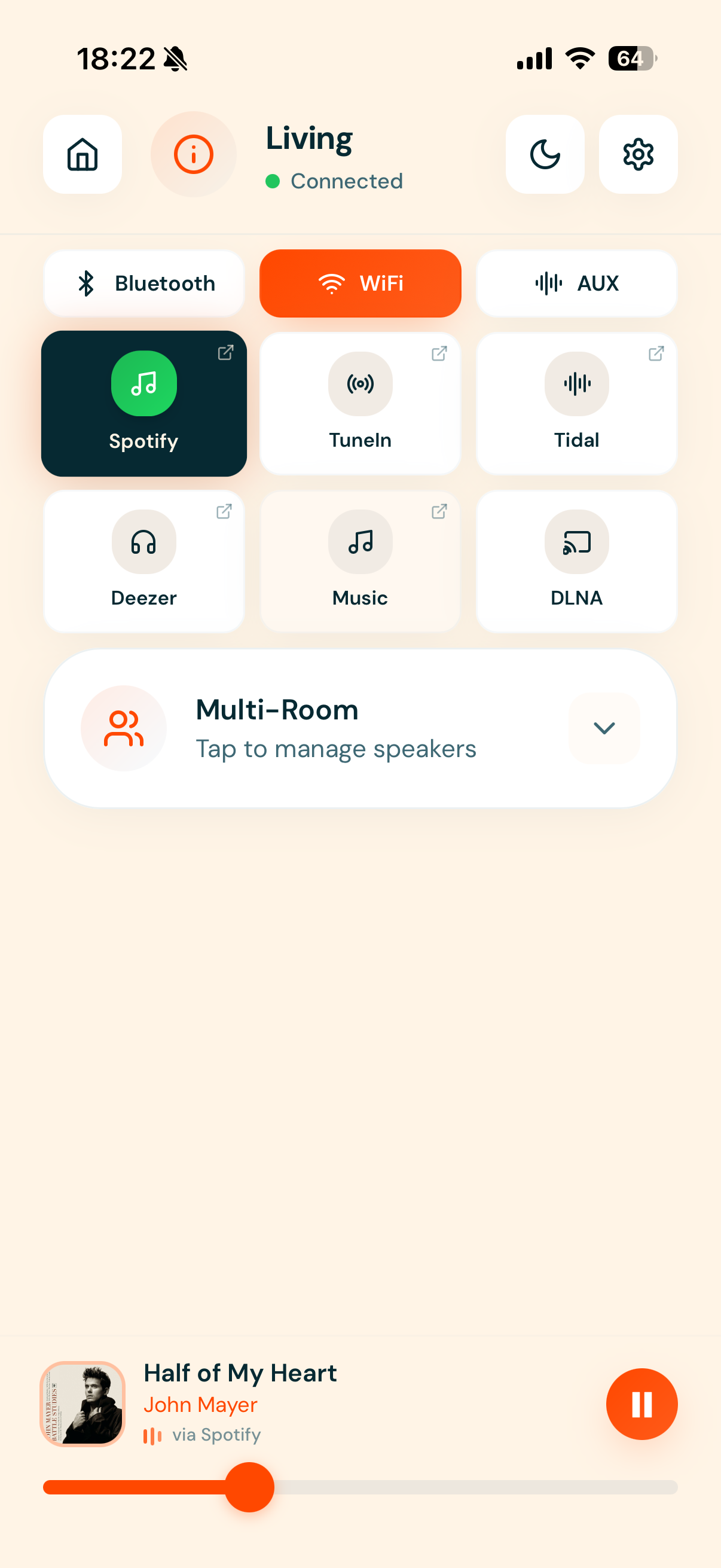 George Vanadium app showing Spotify, TuneIn, Tidal and Deezer inputs